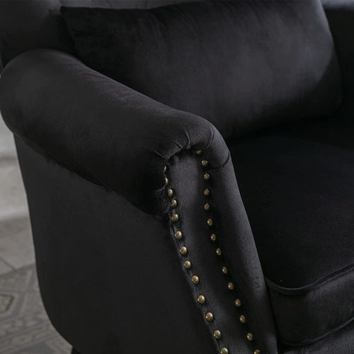 Elegant Black Velvet Wingback Chair With Ottoman Set