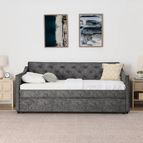 Grey Velvet Mid-Century Style Twin Upholstered Daybed with Pop-Up