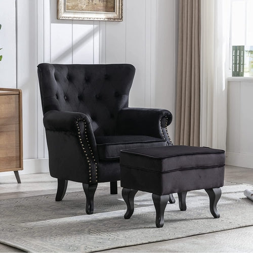 Elegant Black Velvet Wingback Chair With Ottoman Set