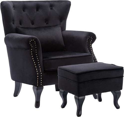 Elegant Black Velvet Wingback Chair With Ottoman Set