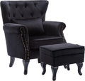 Elegant Black Velvet Wingback Chair With Ottoman Set