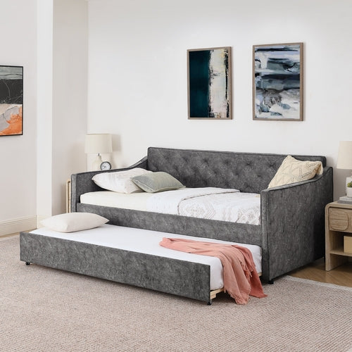 Grey Velvet Mid-Century Style Twin Upholstered Daybed with Pop-Up