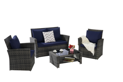 4 Piece Outdoor Patio Furniture Set – Rattan Wicker Chairs with