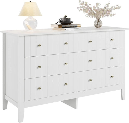 Modern White 52.4 Inch Wide 6 Drawer Dresser Chest Storage