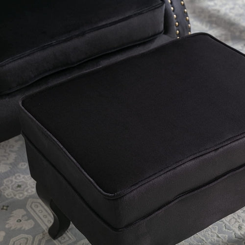 Elegant Black Velvet Wingback Chair With Ottoman Set