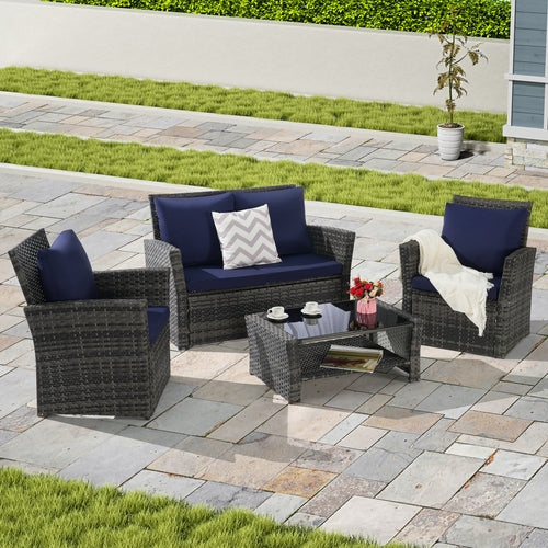 4 Piece Outdoor Patio Furniture Set – Rattan Wicker Chairs with