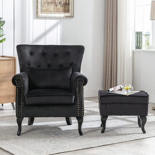 Elegant Black Velvet Wingback Chair With Ottoman Set