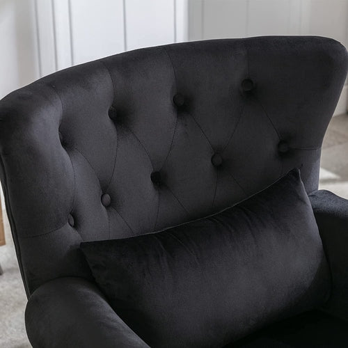 Elegant Black Velvet Wingback Chair With Ottoman Set