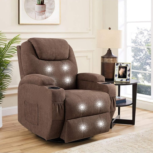 Brown Massage Swivel Recliner Rocking Chair Cup Holders