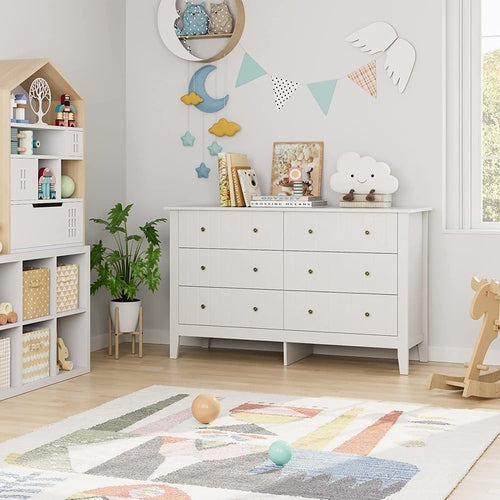 Modern White 52.4 Inch Wide 6 Drawer Dresser Chest Storage