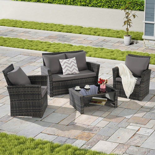 4 Piece Outdoor Patio Furniture Set – Rattan Wicker Chairs with