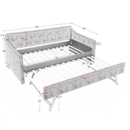 Grey Velvet Mid-Century Style Twin Upholstered Daybed with Pop-Up