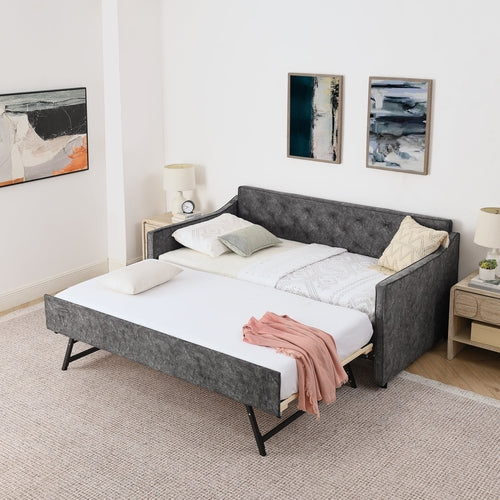 Grey Velvet Mid-Century Style Twin Upholstered Daybed with Pop-Up