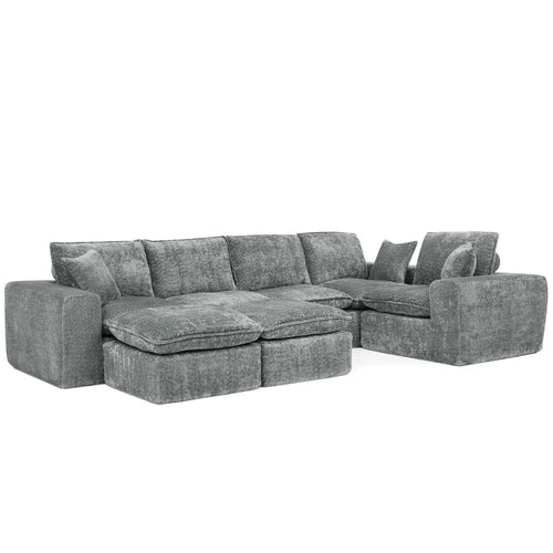 Modern Grey Boucle L-Shaped Sectional Sofa with Two Moveable Ottomans,