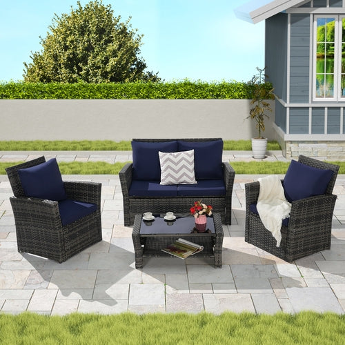 4 Piece Outdoor Patio Furniture Set – Rattan Wicker Chairs with
