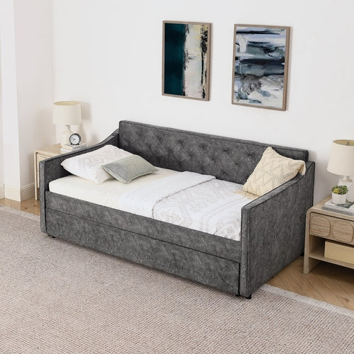 Grey Velvet Mid-Century Style Twin Upholstered Daybed with Pop-Up