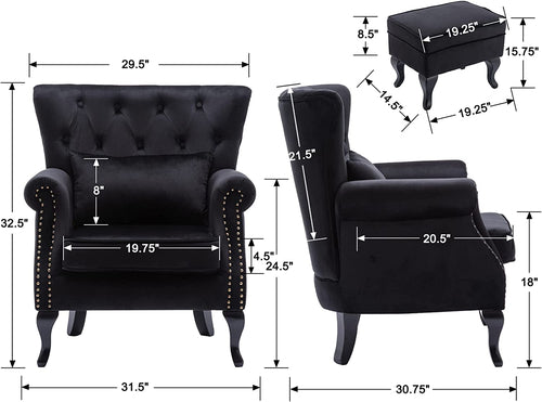 Elegant Black Velvet Wingback Chair With Ottoman Set