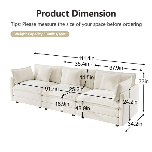 Modern Sofa Couch, 3 Piece Set Extra Deep Seat Sectional Sofa for