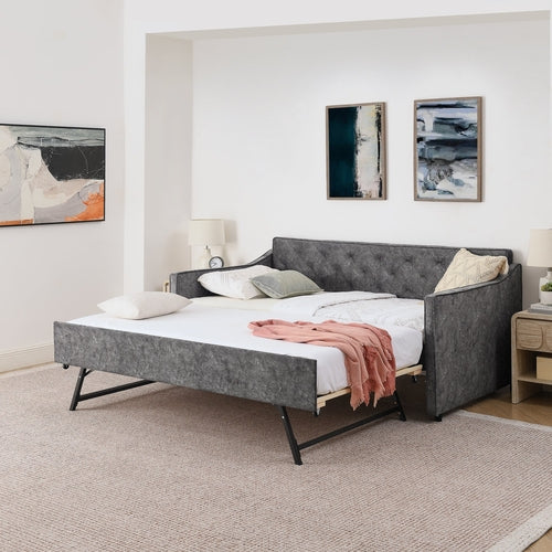 Grey Velvet Mid-Century Style Twin Upholstered Daybed with Pop-Up