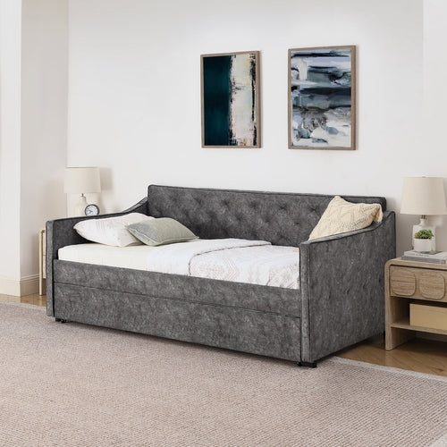 Grey Velvet Mid-Century Style Twin Upholstered Daybed with Pop-Up