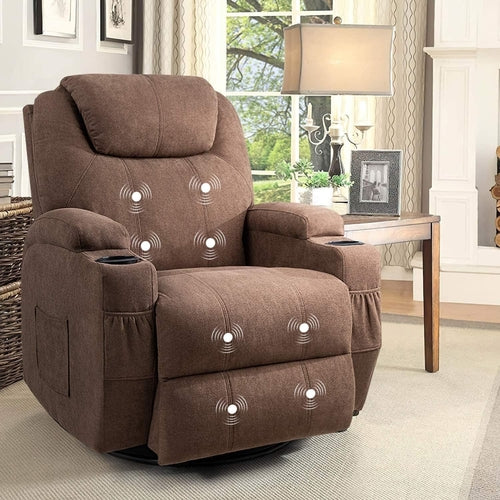 Brown Massage Swivel Recliner Rocking Chair Cup Holders